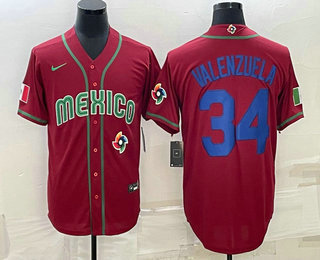 Mens Mexico Baseball #34 Fernando Valenzuela 2023 Red Blue World Baseball Classic Stitched Jersey